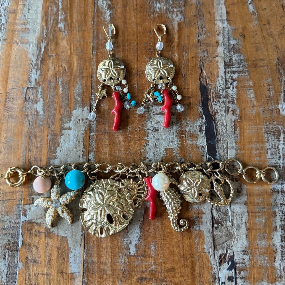 Nautical Charm Bracelet & Earrings Set | Sand Dollar Seahorse Coral Starfish VTG